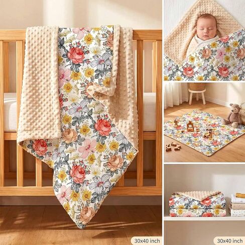 Andrain Floral Baby Blanket for Girls, Vintage Boho Minky Blanket, Nursery Baby Blanket with Double Layer Dotted Backing, 30" x 40" for Nursery, Crib, Car Seat, Swaddling Newborns in Saudi Arabia