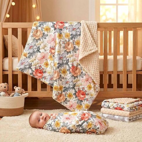 Andrain Floral Baby Blanket for Girls, Vintage Boho Minky Blanket, Nursery Baby Blanket with Double Layer Dotted Backing, 30" x 40" for Nursery, Crib, Car Seat, Swaddling Newborns in Saudi Arabia