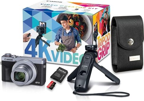 كاميرا Canon PowerShot G7 X Mark III (فضية) رقمية ومجموعة أدوات إنشاء الفيديو مع الملحقات: حامل ثلاثي القوائم وبطاقة ذاكرة وحقيبة Canon وجهاز تحكم عن بعد بلوتوث قابل للفصل in Kuwait