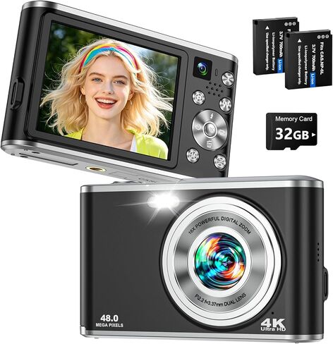 كاميرا رقمية 4K مطورة لعام 2026 للتصوير الفوتوغرافي ومدونات الفيديو، وكاميرا رقمية مدمجة بدقة 48 ميجابكسل مع تركيز تلقائي، وكاميرا سيلفي بعدسة مزدوجة، وكاميرا تسجيل فيديو محمولة بتكبير 16X لليوتيوب للمبتدئين، وبطاقة سعة 32 جيجابايت in Saudi Arabia