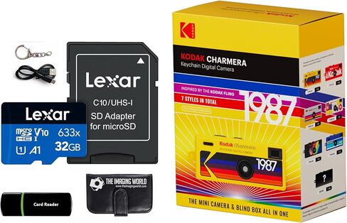 كاميرا رقمية بسلسلة مفاتيح Kodak Charmera (صندوق أعمى بنمط عشوائي) مع بطاقة Lexar 32 جيجابايت Micro SDHC وقارئ، وحزمة محفظة بطاقة الذاكرة in Kuwait