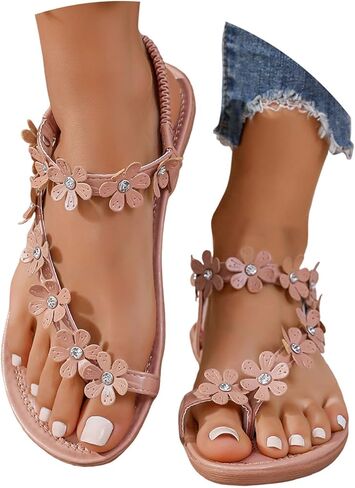 Women's Flower Flat Sandals with Ankle Strap Open Toe Trendy 2026 Summer Comfortable Wedding Bride Beach Sandals in Saudi Arabia