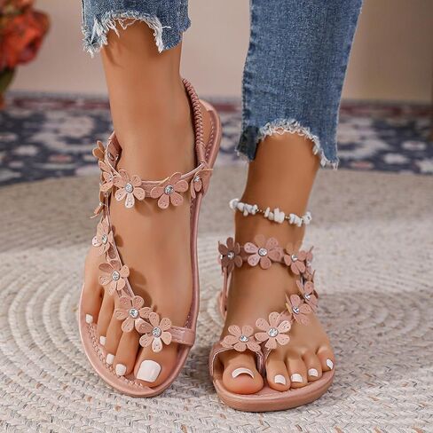 Women's Flower Flat Sandals with Ankle Strap Open Toe Trendy 2026 Summer Comfortable Wedding Bride Beach Sandals in Saudi Arabia