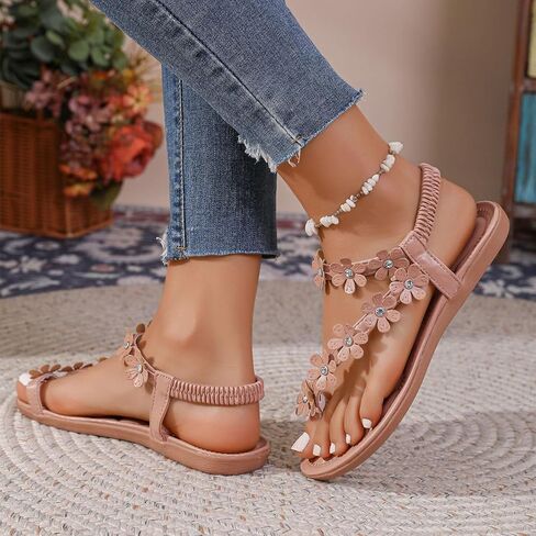 Women's Flower Flat Sandals with Ankle Strap Open Toe Trendy 2026 Summer Comfortable Wedding Bride Beach Sandals in Saudi Arabia