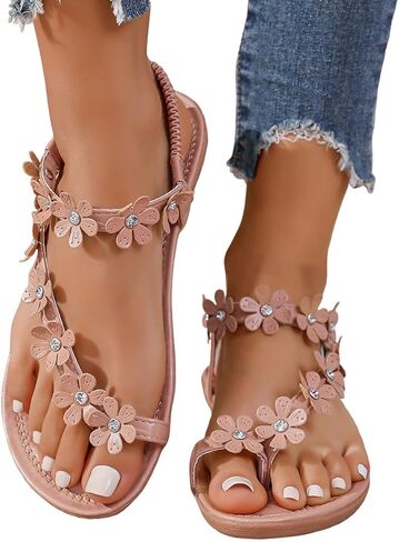 Women's Flower Flat Sandals with Ankle Strap Open Toe Trendy 2026 Summer Comfortable Wedding Bride Beach Sandals in Saudi Arabia