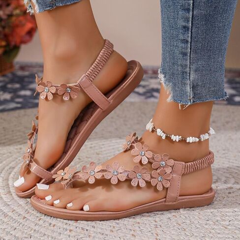Women's Flower Flat Sandals with Ankle Strap Open Toe Trendy 2026 Summer Comfortable Wedding Bride Beach Sandals in Saudi Arabia