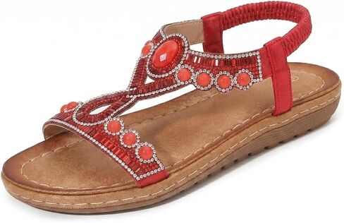 QUCH Women's Summer Flat Sandals Boho Rhinestone Beach Sandals Bohemian Dressy Vacation Footwear in Saudi Arabia