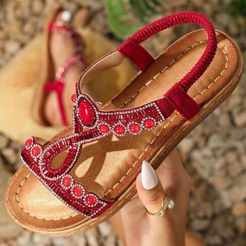 QUCH Women's Summer Flat Sandals Boho Rhinestone Beach Sandals Bohemian Dressy Vacation Footwear in Saudi Arabia