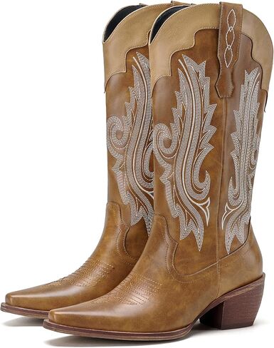 Cozivwaiy Women's Western Cowboy Boots Mid Calf Embroidered Cowgirl Boots Pointed Toe Chunky Heels in Saudi Arabia