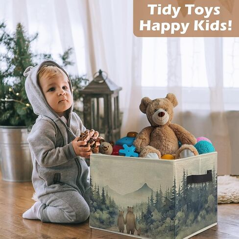 Forest Bear Nursery Storage Bins, Watercolor Forest Animal Collapsible Storage Box Laundry Basket with Handle for Kids Bedroom Bathroom Playroom Nursery Clothes Toys Books in Kuwait