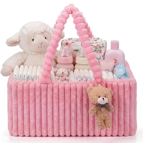 Flannel Baby Diaper Caddy Organizer with Teddy Bear, Baby Shower Gift Basket with Handle, Portable Nursery Storage Basket Bin for Diapers, Wipes, Newborn Essentials(Pink) in Kuwait