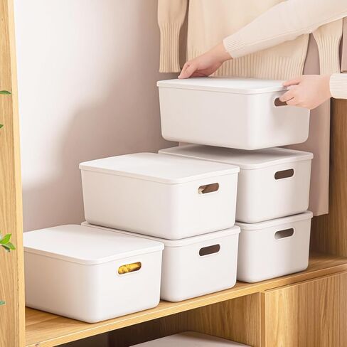 6 pack large plastic Laundry Basket/Hamper with lids and handle，White storage bins Baskets，Organizer Containers for Closet Dorm，Clothes Laundry Room Bedroom, Shelves，home (White, 6S) in Saudi Arabia