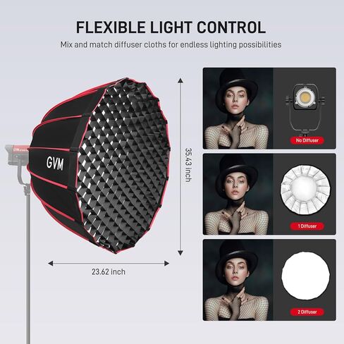 GVM YG90SP 36" Parabolic Softbox with Bowens Mount, 16-Rod Quick Release Photography Softbox with Diffusers & Honeycomb Grid, Studio Lighting Modifier for Portrait, Video Recording & Photography in Kuwait