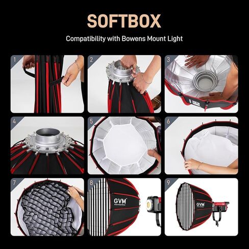 GVM YG90SP 36" Parabolic Softbox with Bowens Mount, 16-Rod Quick Release Photography Softbox with Diffusers & Honeycomb Grid, Studio Lighting Modifier for Portrait, Video Recording & Photography in Kuwait