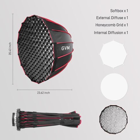 GVM YG90SP 36" Parabolic Softbox with Bowens Mount, 16-Rod Quick Release Photography Softbox with Diffusers & Honeycomb Grid, Studio Lighting Modifier for Portrait, Video Recording & Photography in Kuwait