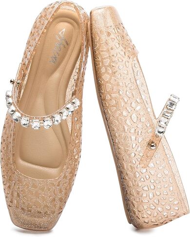 HEVA Women's Jelly Flat Sandals | Square Toe Breathable Mesh Flats,Sparkly Buckle Strap Casual Ballet Shoes in Saudi Arabia