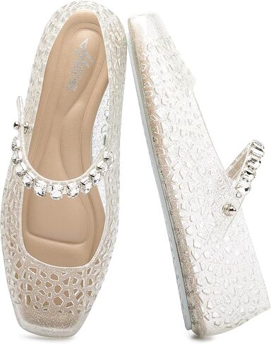 HEVA Women's Jelly Flat Sandals | Square Toe Breathable Mesh Flats,Sparkly Buckle Strap Casual Ballet Shoes in Saudi Arabia