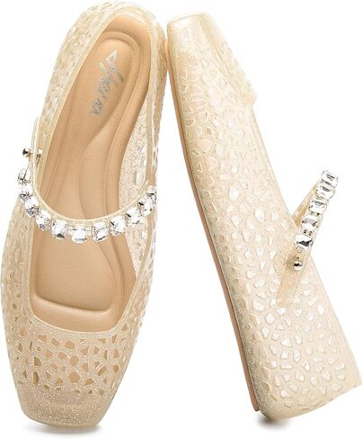 HEVA Women's Jelly Flat Sandals | Square Toe Breathable Mesh Flats,Sparkly Buckle Strap Casual Ballet Shoes in Saudi Arabia
