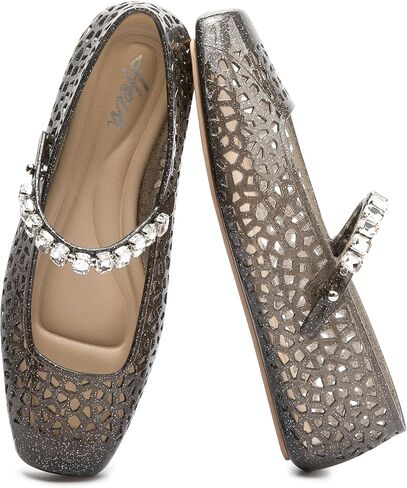 HEVA Women's Jelly Flat Sandals | Square Toe Breathable Mesh Flats,Sparkly Buckle Strap Casual Ballet Shoes in Saudi Arabia