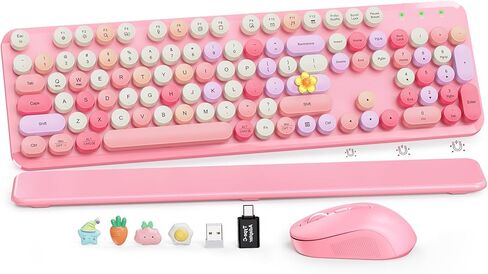 Wireless Keyboard and Mouse Combo, Retro Round Keycaps, Full-Size Typewriter Keyboard with Phone/Tablet Holder, Ergonomic Mouse with 3-Level DPI, 2.4GHz Connection for Windows/PC (Beige Colorful) in Kuwait