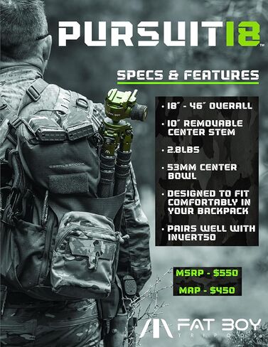 Pursuit18 - حامل ثلاثي من ألياف الكربون والألومنيوم بإطار متين، خفيف الوزن، تصميم ثابت، مستوى الفقاعات، أرجل قابلة للتعديل، وتشغيل بدون استخدام اليدين للصيد والرماية في الهواء الطلق in Kuwait