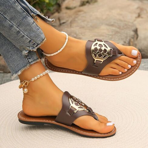 Women Metal Accessory Casual Slippers Fashion Summer Open Toe Flip Flop Sandals Slides Shoes in Kuwait