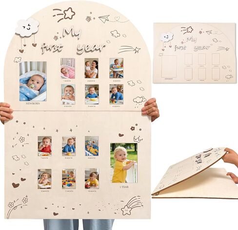 لوحة صور كبيرة قابلة للطي My First Year، إطار خشبي لصور My First Year مقاس 33 × 22 بوصة، لوحة صور للسنة الأولى لـ 12 صورة طفل شهرية، زينة عيد الميلاد الأول وهدية للوالدين حديثي الولادة (سحابة، 12 صورة) in Kuwait