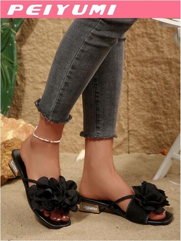 GORGLITTER Women's 3d Floral Block Heels Square Toe Elegant Dressy Slide Sandals Wedding Party Date Night Heel Sandals in Saudi Arabia
