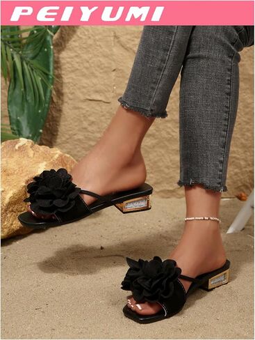 GORGLITTER Women's 3d Floral Block Heels Square Toe Elegant Dressy Slide Sandals Wedding Party Date Night Heel Sandals in Saudi Arabia