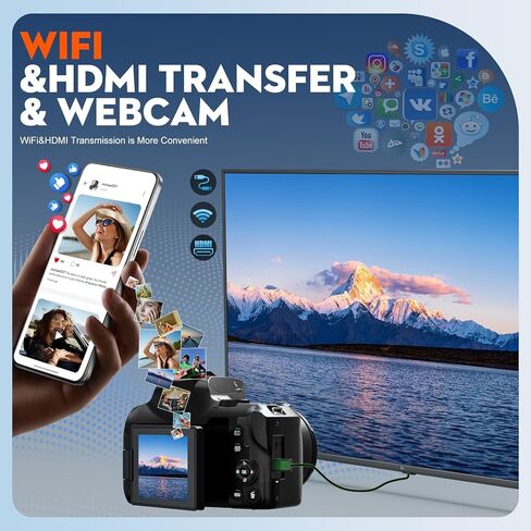 كاميرات رقمية G-Anica 4K&72MP للتصوير الفوتوغرافي، وكاميرا فيديو بصرية 72MP&12X، وشاشة قابلة للطي 720 درجة، وكاميرا تسجيل فيديو لليوتيوب مع فلاش، ومخرج WiFi وHDMI، وتركيز تلقائي، ومضادة للاهتزاز، وبطاقة SD سعة 32 جيجابايت (أسود) in Kuwait