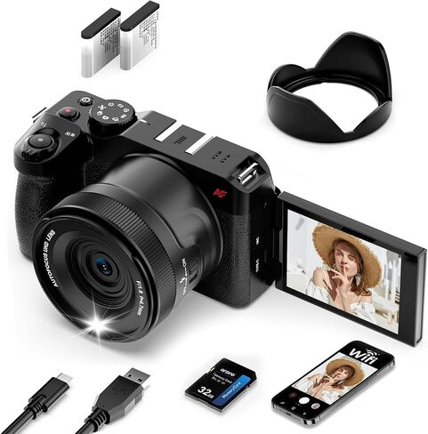 ORDRO Digital Cameras for Photography 5K-80MP Auto Focus Video Cameras for YouTube, 18X Zoom Camera with 180° Flip Screen, 2 Batteries, Lens Hood & 32GB Memory Card in Kuwait