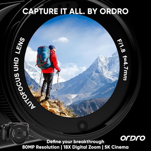 ORDRO Digital Cameras for Photography 5K-80MP Auto Focus Video Cameras for YouTube, 18X Zoom Camera with 180° Flip Screen, 2 Batteries, Lens Hood & 32GB Memory Card in Kuwait