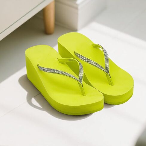 Rhinestone Wedge Sandals for Women, Platform Flip Flops Yoga Mat Sole Wedding Shoes Ladies Beach Walking Heels Thong Slides for Womens Dressy in Kuwait
