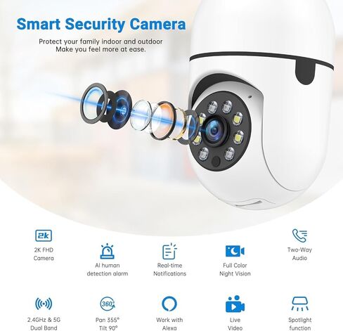 DYPCO Light Bulb Camera Outdoor, 5G/2.4GHz Light Bulb Security Cameras Wireless Outdoor, AI Motion Detection and Siren Alarm, US-Based Cloud Storage, 911 Calling Color Night Vision (2 Pack) in Kuwait