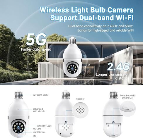 DYPCO Light Bulb Camera Outdoor, 5G/2.4GHz Light Bulb Security Cameras Wireless Outdoor, AI Motion Detection and Siren Alarm, US-Based Cloud Storage, 911 Calling Color Night Vision (2 Pack) in Kuwait