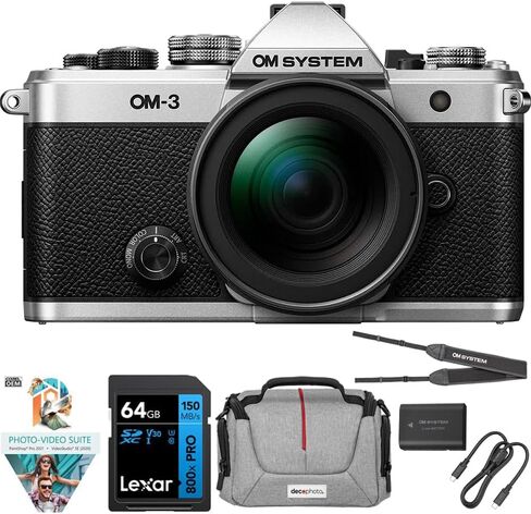 كاميرا رقمية OM-3 بدقة 20 ميجابكسل من OM Digital Solutions مع عدسة M.ZUIKO مقاس 12-45 مم، حزمة فضية مع بطاقة ذاكرة Lexar Premium PRO SDXC سعة 64 جيجابايت + حقيبة كاميرا Deco Essentials + مجموعة Corel Photo Video in Kuwait