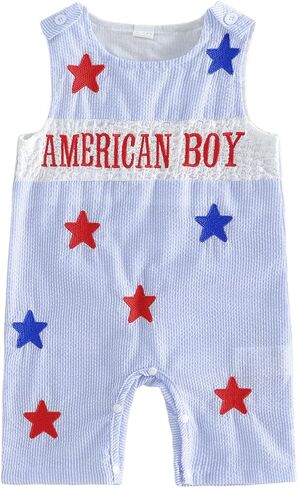 Lamuusaa 4th of July Baby Boy Outfit American Boy/USA Letter Embroidery Romper Sleeveless Bodysuit Jumpsuit 0-18M in Saudi Arabia