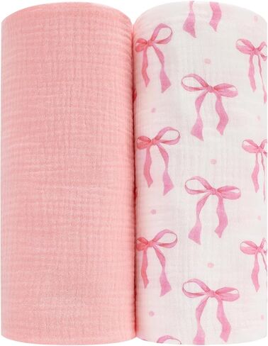 Moukeren 2 Pack Muslin Swaddle Blankets for Newborns Pink Bow Baby Blanket, 47 x 47 Inch 100% Cotton Soft Breathable Receiving Blankets Pink Bow Muslin Swaddles for Infant Baby Newborns in Kuwait