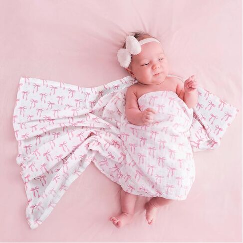 Moukeren 2 Pack Muslin Swaddle Blankets for Newborns Pink Bow Baby Blanket, 47 x 47 Inch 100% Cotton Soft Breathable Receiving Blankets Pink Bow Muslin Swaddles for Infant Baby Newborns in Kuwait