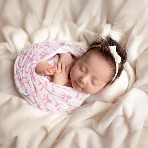 Moukeren 2 Pack Muslin Swaddle Blankets for Newborns Pink Bow Baby Blanket, 47 x 47 Inch 100% Cotton Soft Breathable Receiving Blankets Pink Bow Muslin Swaddles for Infant Baby Newborns in Kuwait