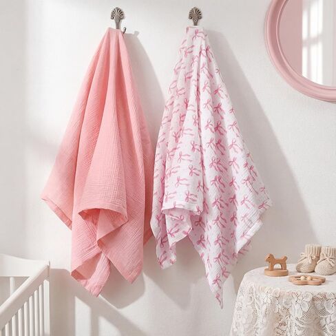 Moukeren 2 Pack Muslin Swaddle Blankets for Newborns Pink Bow Baby Blanket, 47 x 47 Inch 100% Cotton Soft Breathable Receiving Blankets Pink Bow Muslin Swaddles for Infant Baby Newborns in Kuwait