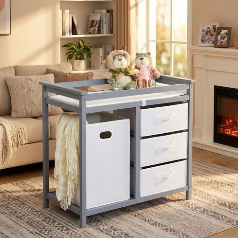 Garvee Wooden Baby Changing Table,Modern Diaper Changing Table,Infant Diaper Station Dresser with Laundry Hamper, 3 Drawer Basket- Storage Organizer for Baby Clothes, Diapers & Toys in Kuwait