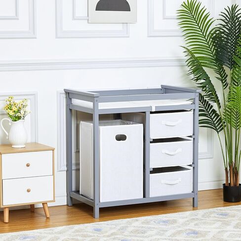 Garvee Wooden Baby Changing Table,Modern Diaper Changing Table,Infant Diaper Station Dresser with Laundry Hamper, 3 Drawer Basket- Storage Organizer for Baby Clothes, Diapers & Toys in Kuwait