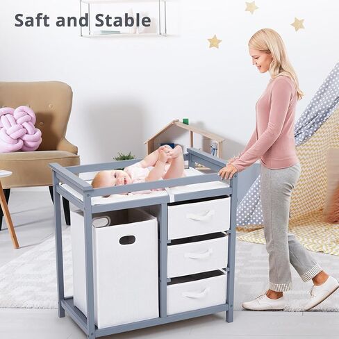 Garvee Wooden Baby Changing Table,Modern Diaper Changing Table,Infant Diaper Station Dresser with Laundry Hamper, 3 Drawer Basket- Storage Organizer for Baby Clothes, Diapers & Toys in Kuwait