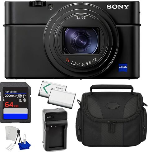 Sony RX100 VII Premium Compact Camera with 1.0-Type Stacked CMOS Sensor, ZEISS Lens, (DSC-RX100M7) Bundle with 64GB SD Memory Card + Extra Battery + Charger + Bag + Starter Kit + More (Renewed) in Kuwait