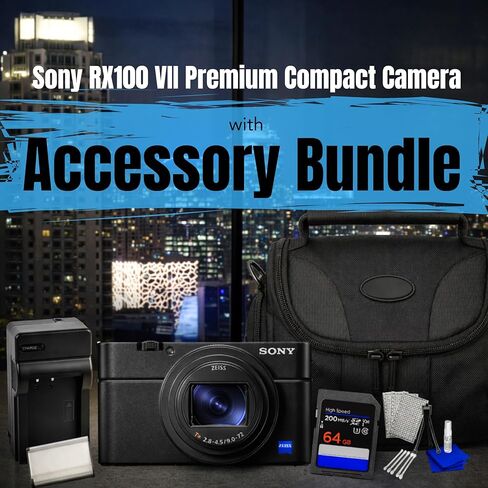 Sony RX100 VII Premium Compact Camera with 1.0-Type Stacked CMOS Sensor, ZEISS Lens, (DSC-RX100M7) Bundle with 64GB SD Memory Card + Extra Battery + Charger + Bag + Starter Kit + More (Renewed) in Kuwait