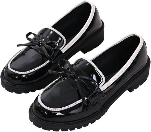 GORGLITTER Women's Patent Leather Bow Loafers Comfortable Closed Toe Thick Sole Loafers Casual Office Daily Footwear in Saudi Arabia