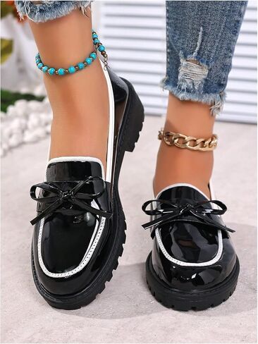 GORGLITTER Women's Patent Leather Bow Loafers Comfortable Closed Toe Thick Sole Loafers Casual Office Daily Footwear in Saudi Arabia
