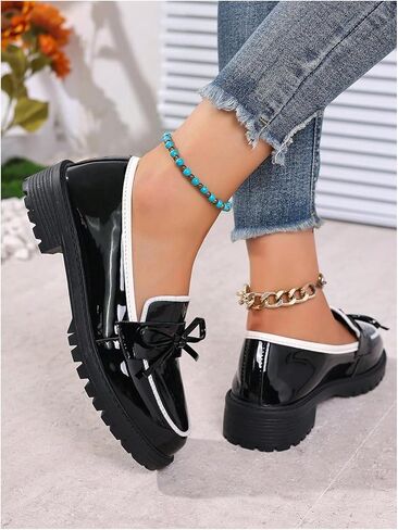 GORGLITTER Women's Patent Leather Bow Loafers Comfortable Closed Toe Thick Sole Loafers Casual Office Daily Footwear in Saudi Arabia