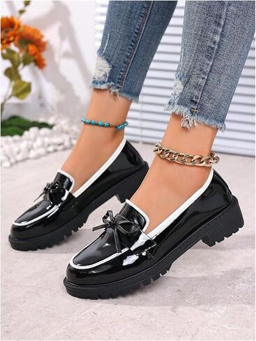 GORGLITTER Women's Patent Leather Bow Loafers Comfortable Closed Toe Thick Sole Loafers Casual Office Daily Footwear in Saudi Arabia